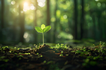 a tiny seedling emerging from the forest floor, its delicate leaves unfurling as it reaches towards the sunlight filtering through the dense canopy above - obrazy, fototapety, plakaty