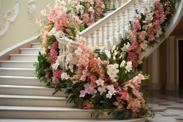 Fototapeta na wymiar Stairs candles flowers house. Luxury decor. Generate Ai