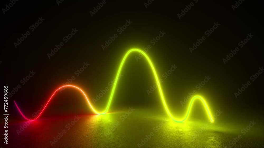 Poster dynamic red and yellow neon lights emit from a black background in a futuristic 3d animation loop.