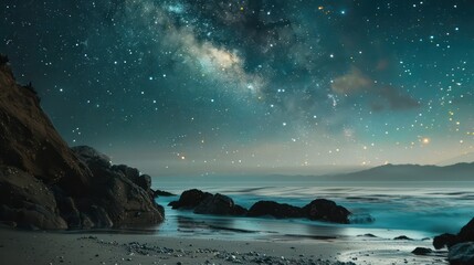 A tranquil scene showing a vibrant Milky Way galaxy shining over a peaceful beach with gentle waves and rocky outcrops Captures the harmony of the universe meeting earth - obrazy, fototapety, plakaty