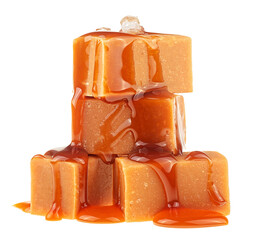 Pieces of salty caramel candy topped with melted sauce and sea salt crystals isolated on a white background