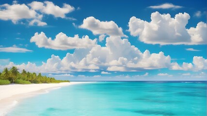 blue sky and sea Gorgeous white sand beach with peaceful, rolling waves of the turquoise ocean on a sunny day with white clouds in the blue sky in the backdrop. Island in the Maldives with a stunningl - obrazy, fototapety, plakaty