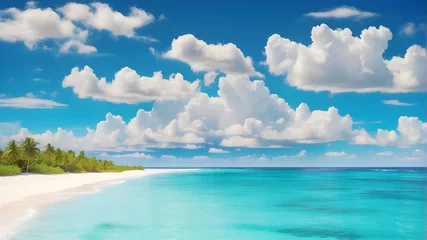 Foto op Plexiglas blue sky and sea Gorgeous white sand beach with peaceful, rolling waves of the turquoise ocean on a sunny day with white clouds in the blue sky in the backdrop. Island in the Maldives with a stunningl © Muzamil