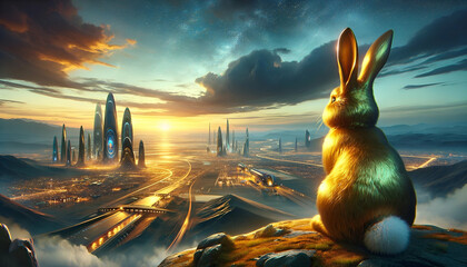 A glossy golden bunny statue sits in contemplation on a hill, gazing at a sprawling sci-fi city with advanced structures under a twilight sky. - obrazy, fototapety, plakaty