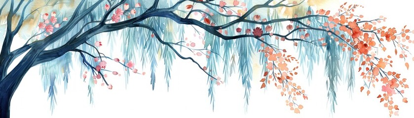 Whimsical willow tree, its branches adorned with delicate flowers, pastel watercolor, cartoon simplicity