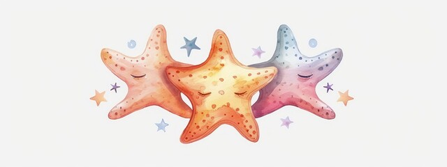 Fototapeta na wymiar Watercolor starfish in a pastel dream, cartoon eyes closed, on white