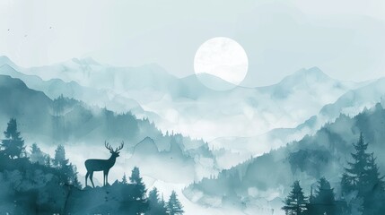 Watercolor rolling pastel fog, hills emerging, minimal cartoon deer grazing