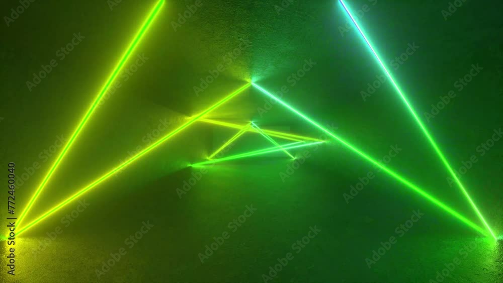 Poster 3d neon triangle glows on concrete floor in a futuristic sci-fi style loop. abstract geometric backg