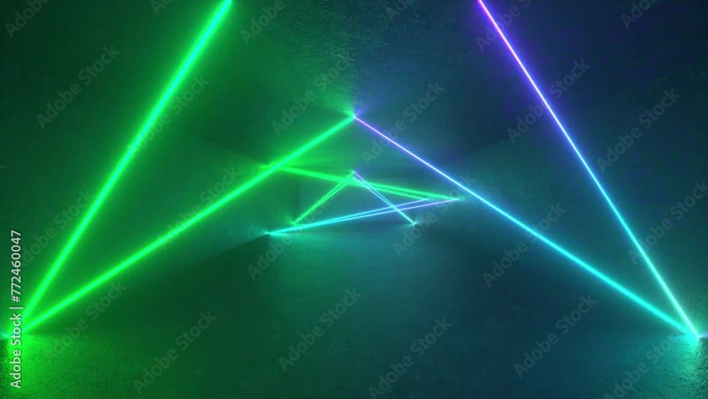 Poster 3d neon triangle glows on concrete floor in a futuristic sci-fi style loop. abstract geometric backg