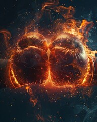 Boxing gloves on fire, clashing with VS glowing between, highenergy backdrop for wide poster , professional color grading