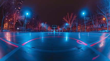 Basketball court, night, fisheye lens, neon glow, action-packed, ultra HD