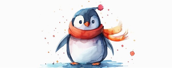 Watercolor cartoon penguin in a pastel scarf, celebrating Christmas, minimalist white background