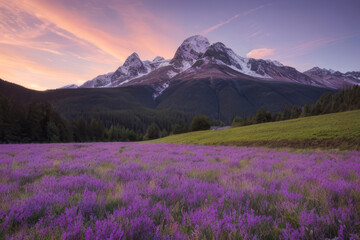 Scenic mountain landscape transitions from a lavender field at its base to snow-capped peaks under a dramatic sunrise sky