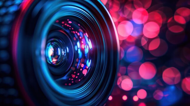 A detailed close-up of a camera lens, surrounded by vivid LED bokeh lights, portraying technological advancement and photography concepts