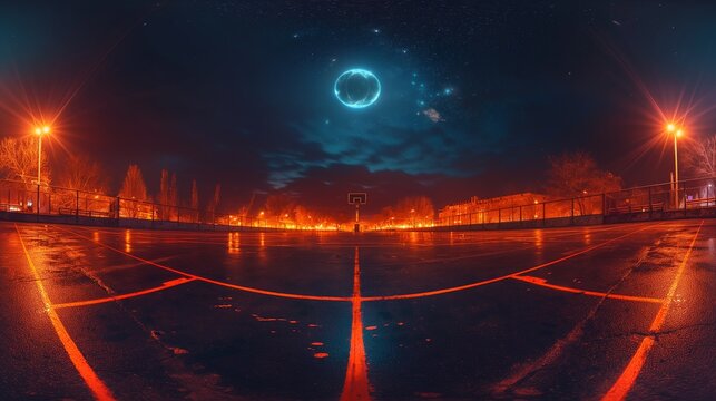 Basketball court, night, fisheye lens, neon glow, action-packed, ultra HD