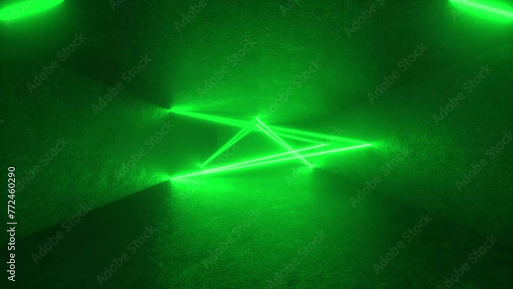 Poster a green triangle emits a neon glow in a dark setting, creating a futuristic ambiance. 4k 3d animatio