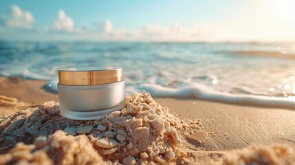 Cosmetic product mockup on sandy beach, golden hour light, clear blue sky, wide banner, space for text , professional color grading