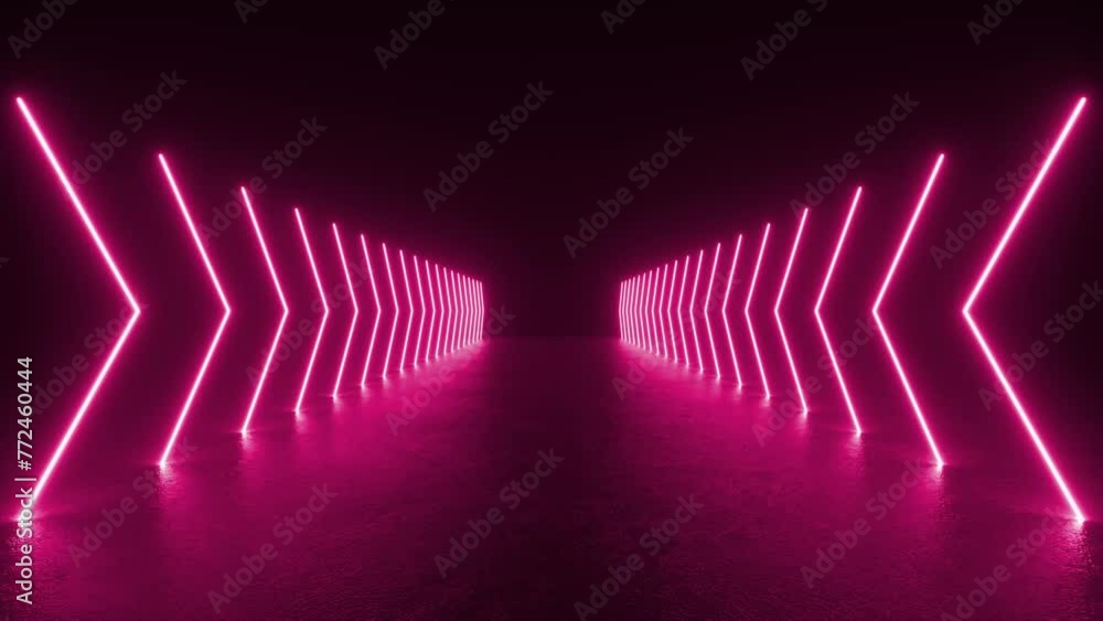 Poster a tunnel lined with glowing neon lights casting reflections on the concrete floor in a futuristic sc
