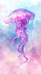 Pastel watercolor jellyfish, gently pulsing in a calming rhythm, cartoon eyes closed