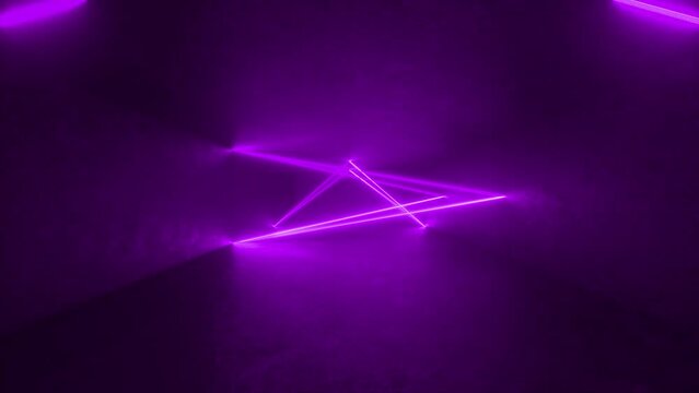 A 3D animation featuring a purple background with a triangle in the center, surrounded by futuristic neon tube lights on a concrete floor. 4K 3D Animation Loop Futuristic Sci Fi