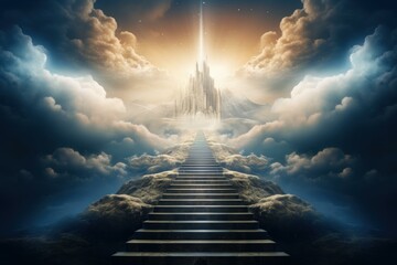Stairway to heaven cloud. Paradise belief. Generate Ai