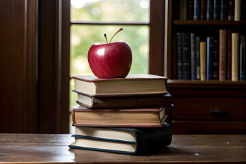 Una pequeña, pero deliciosa manzana roja en la parte de arriba de una pila de libros - obrazy, fototapety, plakaty