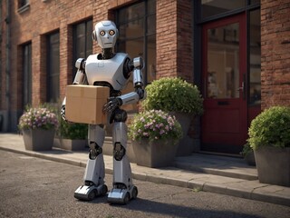 A robot courier with a cardboard box in his hand is standing on the street, full length - obrazy, fototapety, plakaty