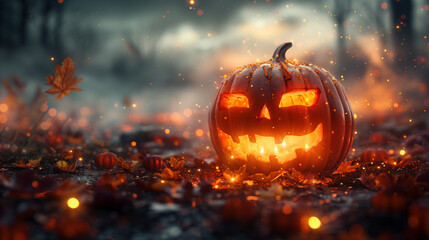 A pumpkin with a scary face is sitting on the ground in a field of leaves. AI. - obrazy, fototapety, plakaty