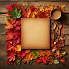 Blank Paper with Coffee and Wooden Cutlery Amidst Autumn Leaves