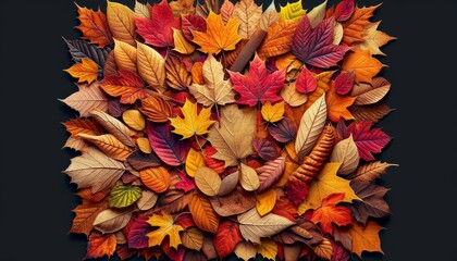 Colorful Array of Autumn Leaves on Dark Background