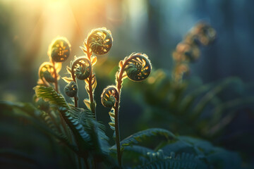 a cluster of fern fronds unfurling in the soft light of dawn, their delicate tendrils reaching out to embrace the new day in the lush greenery of the forest - obrazy, fototapety, plakaty
