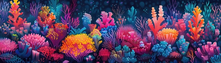 Cartoon neon algae, a watercolor feast for tiny underwater dwellers