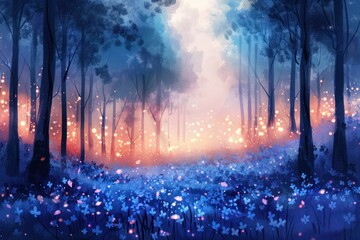 Cartoon bluebell woods in watercolor, fairy lights, pastels on white