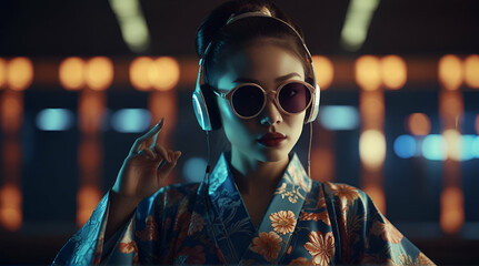 Zany futuristic fashion lady in asian japanese kimono clothing wearing glowing headphones and avant Garde reflective sunglasses dancing crazily with toy .Generative AI - obrazy, fototapety, plakaty