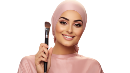 A woman wearing a hijab is smiling while holding a makeup brush, focusing on her eye and eyelash. Her finger gestures delicately near her ear and jaw, accentuating her headgear and neck on transparent