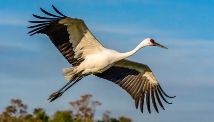 whooping crane - Grus americana - is an endangered crane species, native to North America named for its whooping calls flying in flight with blue sky background