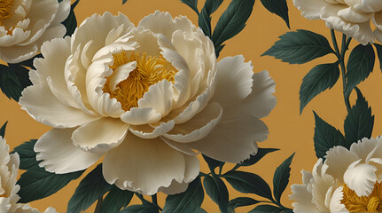 White peony flower vintage illustration Nature wallpaper .Generative AI