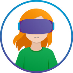 Girl with virtual reality glasses. Minimalistic avatar character in circle. Simple vector isolated illustration without background.