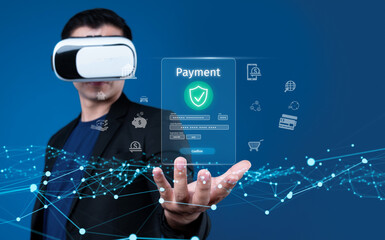 Business person initiates an online payment transaction, showcasing secure and efficient methods. Learn the best practices for safe online payment transactions. FaaS - obrazy, fototapety, plakaty