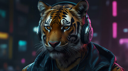 Tiger with cool cyberpunk, A close up of a tiger wearing headphones and a jacket
 .Generative AI
