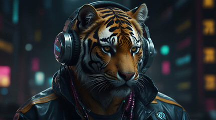Tiger with cool cyberpunk, A close up of a tiger wearing headphones and a jacket
 .Generative AI