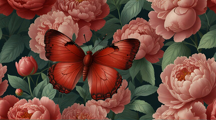 This illustration beautifully captures a delicate red butterfly resting on the lush petals of blooming peonies, highlighting the grace of nature .Generative AI
