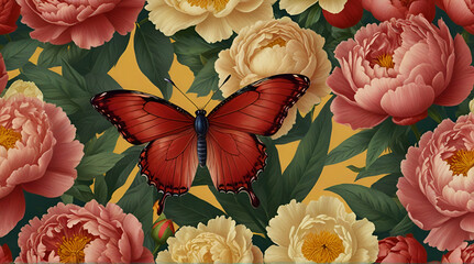 This illustration beautifully captures a delicate red butterfly resting on the lush petals of blooming peonies, highlighting the grace of nature .Generative AI