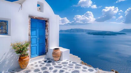 Iconic Blue Door with Aegean Sea View in Santorini, Greece