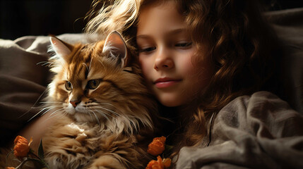   beautiful moments with pet cats , Generate AI - obrazy, fototapety, plakaty