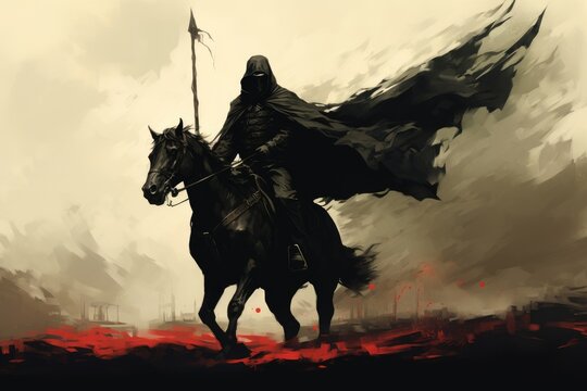 cloaked man riding a black horse waving a flag with some kind of symbol, digital art style, illustration painting