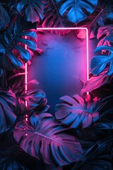 Colorful nature concept, Neon colorful of tropical leaves with neon frame, Blue and pink tone.
