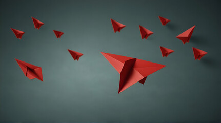 Red paper airplane flying old way new way. New Idea concept. business life change concept. Different thinking, Business leader, .Generative AI