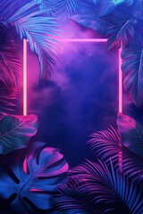 Colorful nature concept, Neon colorful of tropical leaves with neon frame, Blue and pink tone.