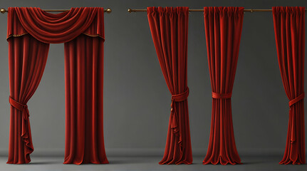 Red curtains. Set realistic luxury curtain cornice decor domestic fabric interior drapery textile lambrequin, vector illustration. AI
